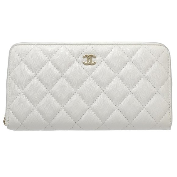 CHANEL Long Wallet A50097 Women's Classic Zip Matelasse Caviar Skin White 181441 - Picture 1 of 10